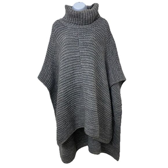 UGG Gray Chunky Knit Wool Blend Rollneck Turtleneck Pullover Poncho  Womens OS - Picture 1 of 11